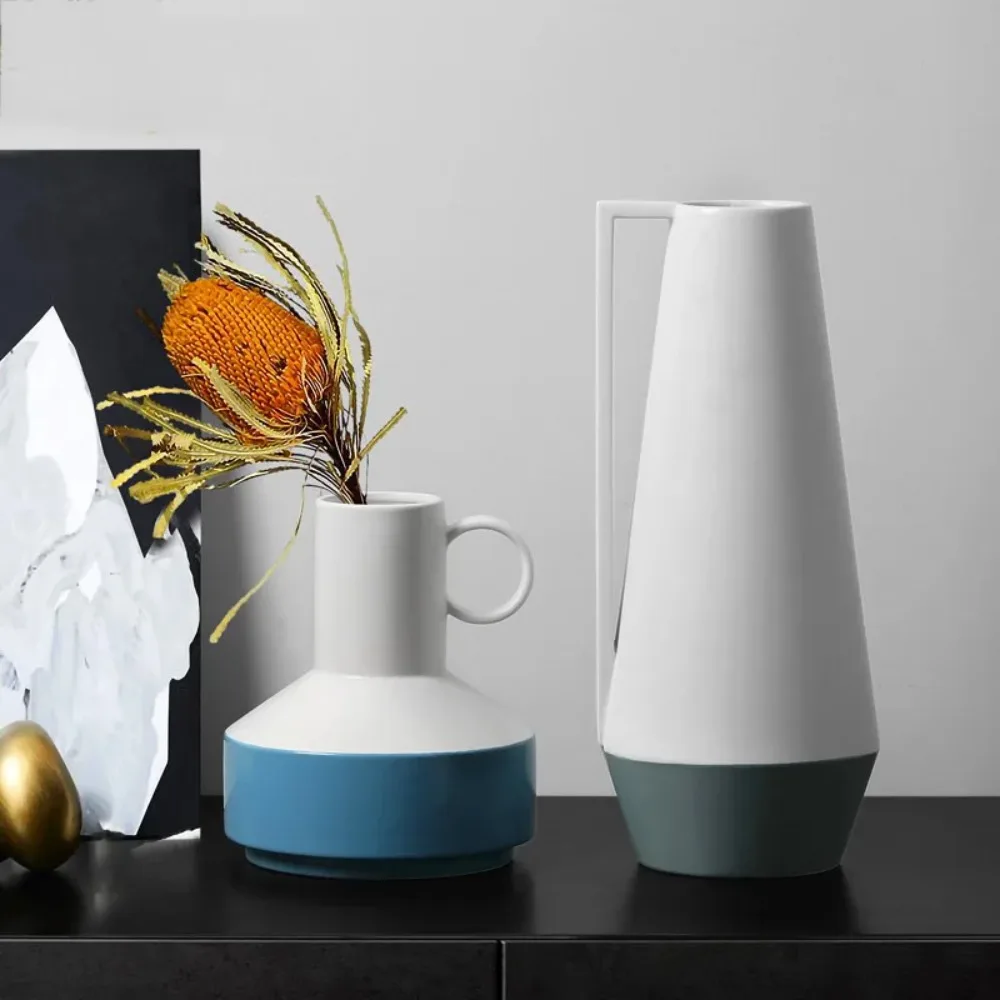 Modern simple handle ceramic vase ornament flower arrangement living room European creative white flower ware home soft