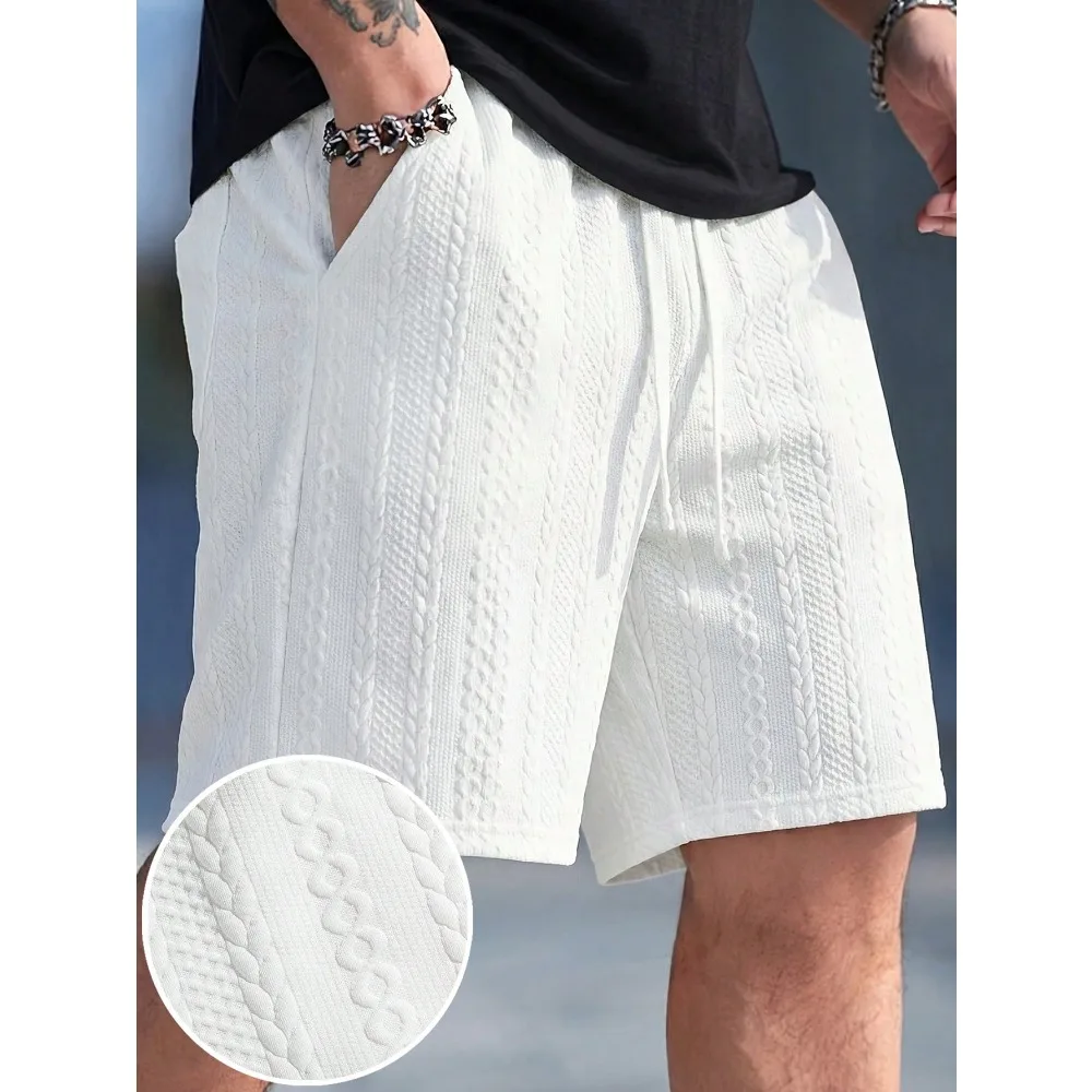 

Men's White Embossed Jacquard Shorts, Loose Drawstring Waist Breathable Casual Bermuda Shorts, Versatile Style For Summer