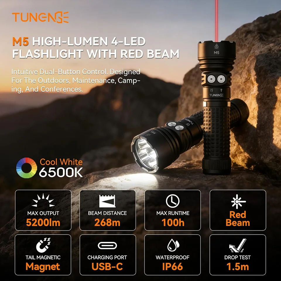 TUNENGE M5 5200 High Lumen LED Flashlight, Super Bright Tactics Flash Light, with Red Beam & Magnet, EDC Dual-Light