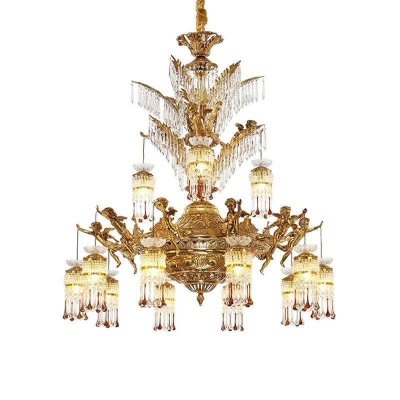 Lustre en cristal en laiton de luxe européen, suspension d'ange rétro, salon, salon, baroque français, villa, duplex, hall, chaussures