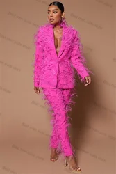 Hot Pink Feather Women Suit Set 2 Piece Blazer+Pants Prom Coat Formal Office Lady Customized Cotton Wedding Outfit  Jacket