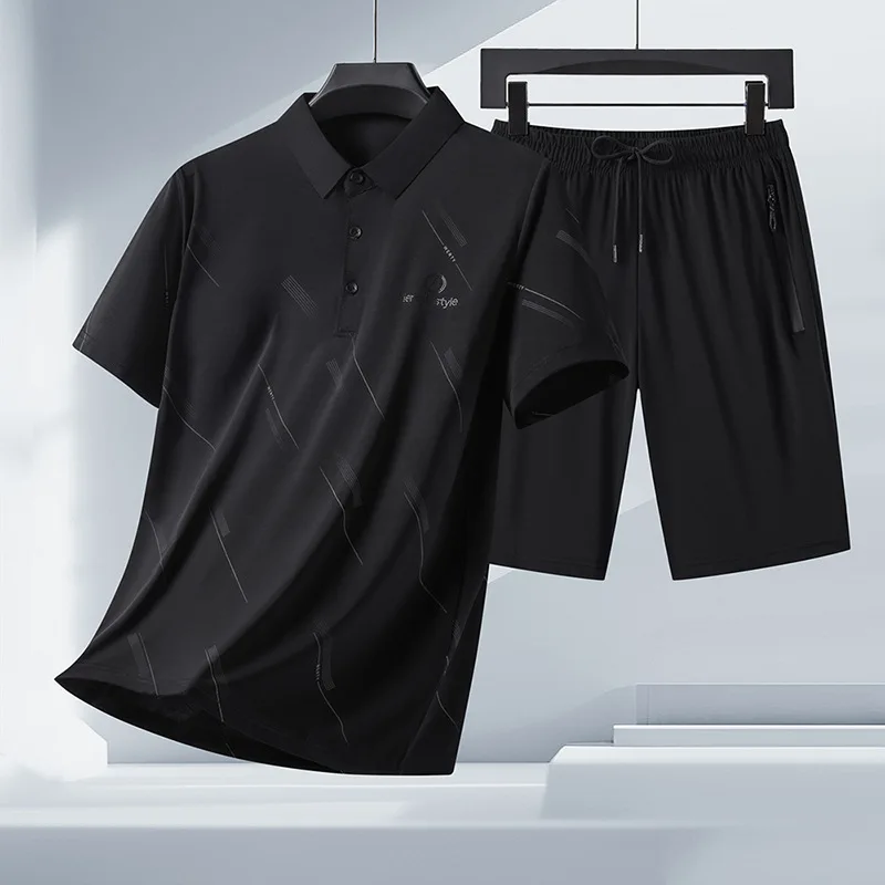 2025 new summer ice silk lapel polo shirt men's short-sleeved T-shirt shorts suit summer cool quick-drying business