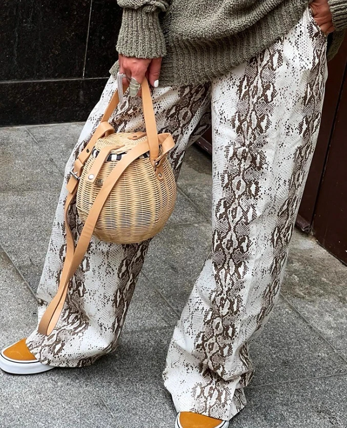レトロなヘビ柄ルーズハイウエストストレートレッグカジュアルパンツ夏の女性のカジュアルファッションポケットストレートレッグパンツ