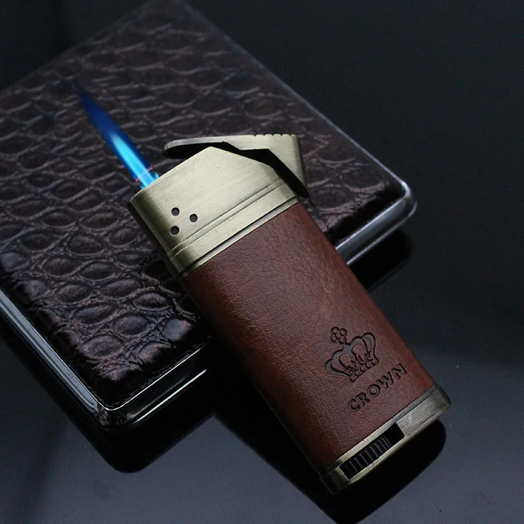 Refillable Butane Gas Lighter with Leather Cover Metal Windproof Turbo Torch Lighters Outdoor Portable Cigar Lighter Men's Gifts