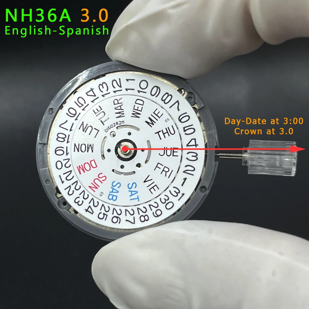 Japan Genuine NH36 NH36A Mechanical Movement Crown at 3.0/3.8 O'clock Modified English-Spanish Chinese Arabic Japanese Datewheel