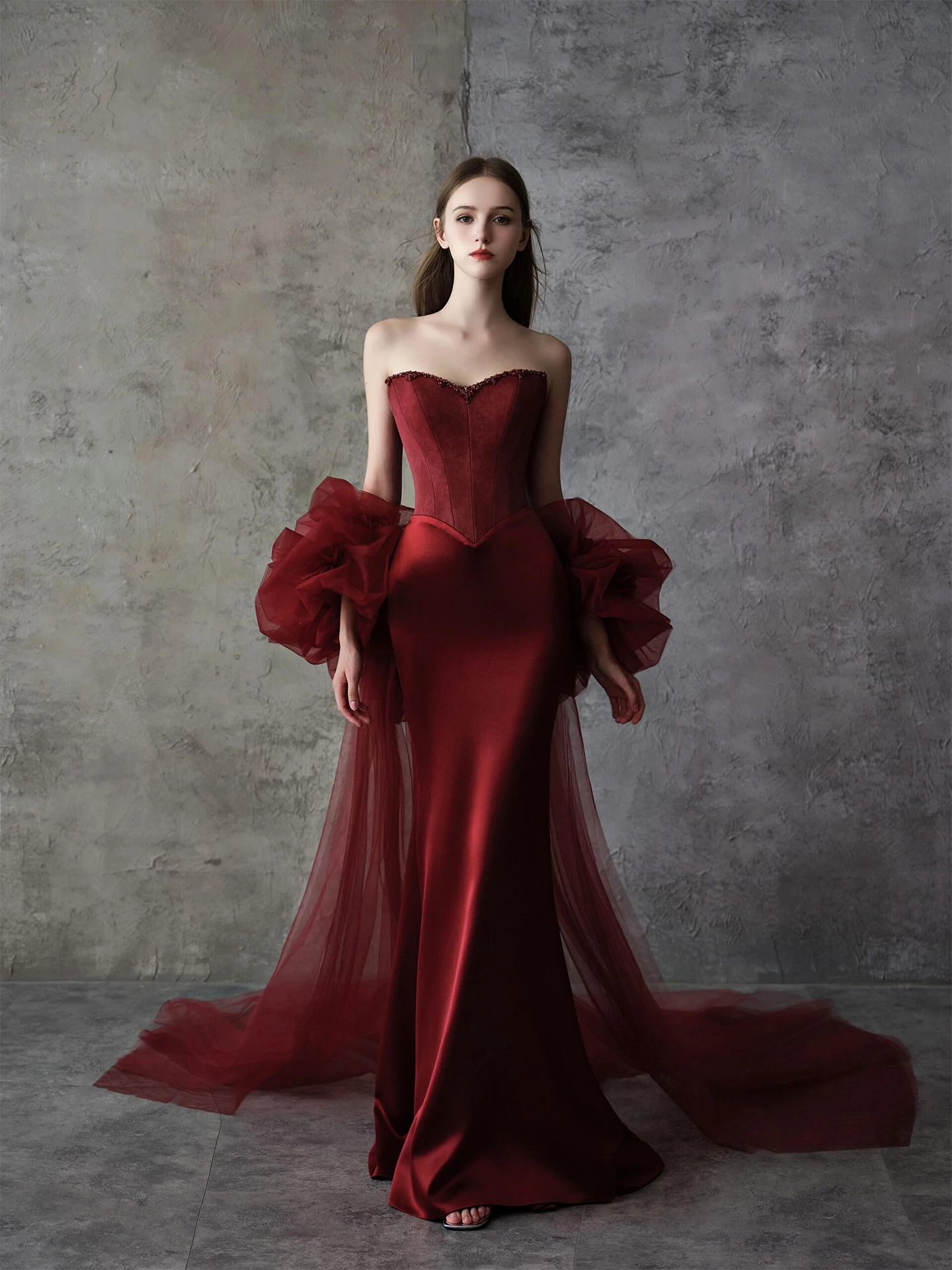 

Красное вечернее платье-бюстье с длинными рукавами для невесты, на помолвку, для ведущей, для празднования Китайского Нового года, женская мода