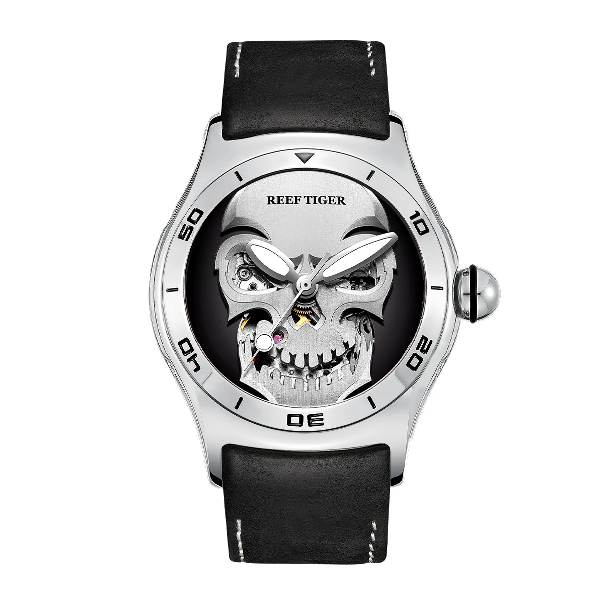 Reef Tiger/RT Steel Waterproof Mens Skull Skeleton Watches Top Brand Luxury Mechanical Sport Leather Male Watch RGA70S7
