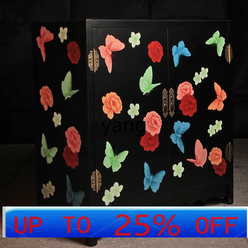

Lmm New Chinese Furniture Painted Peony Play Butterfly Foyer Entrance Cabinet Shoe Cabinet Home Door Storage