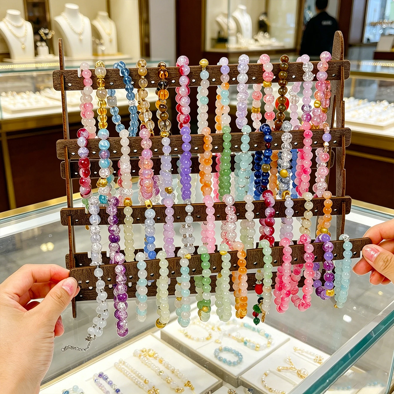 1pc Wooden Dark Brown Bead Bracelet Display Rack Multi-Layer Display Rack Suitable for Earrings Necklaces Storage Rack