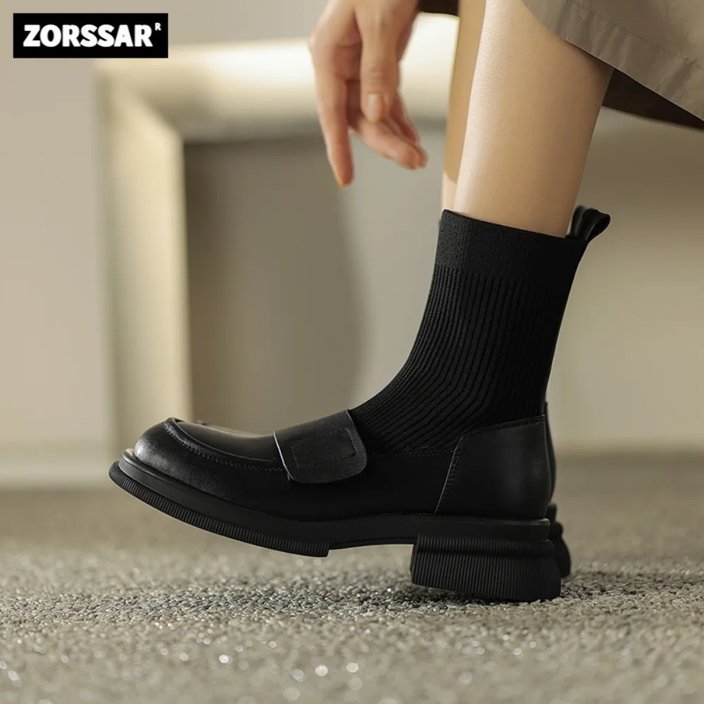 

Chelsea Boots Women Knitted Sock Boots Flats Ankle Boots Female Stylish Soft Leather Stretch Short Boots Warm Woman Winter Shoes