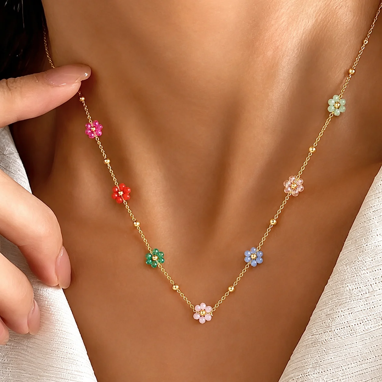 1pc Colorful Beaded Flower Necklace for Women Stainless Steel Sweet Creative Bead Chain Choker Minimalist Versatile Fashion Jewe