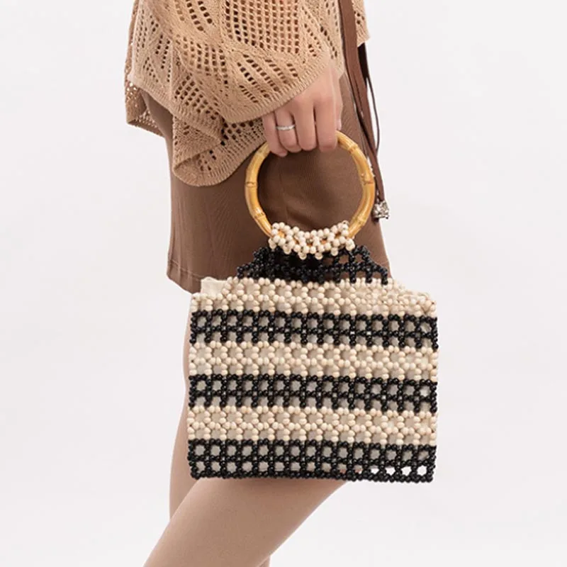 

New Bamboo Hand-held Wooden Bead Bag European and American Bead Women's Bag Hand Woven Bag Hollowed Out Special Tote Bag