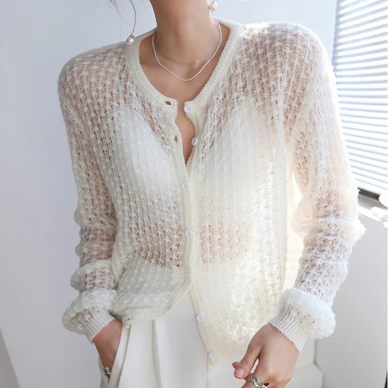 

2024 Autumn Women's Cardigan Retro French Gentle Wind Fashion Wild Mohair Crochet Hollow Breathable Thin Knit Cardigan Sweater