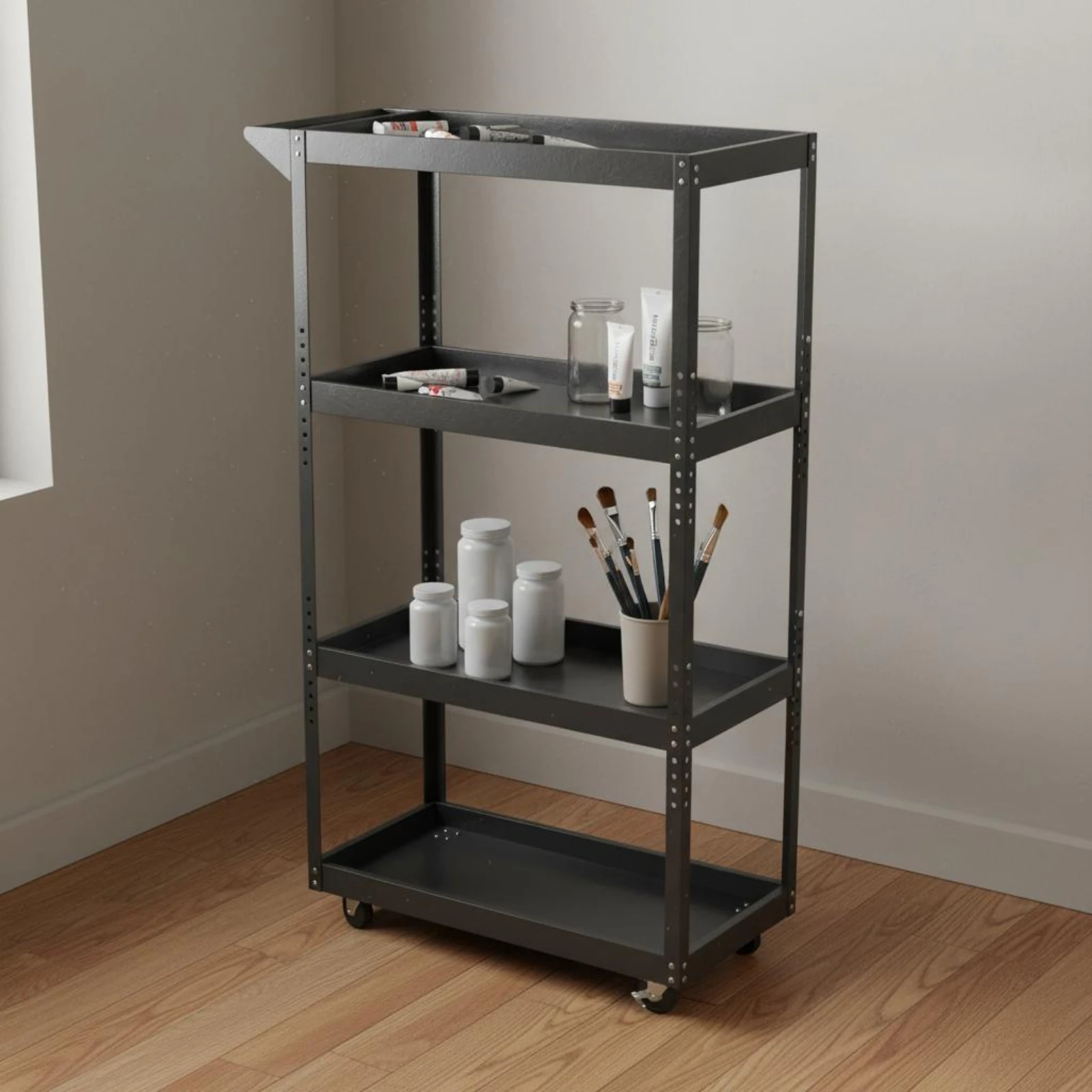 Art Supply Cart Perforated Side Metal Rolling Cart Household Storage Raised Tray Edges Uncovered Tiers view 2