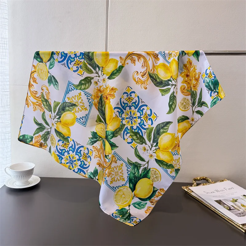 2026 New Lemon Printed Square Scarf Soft Satin Imitation Silk Scarves For Women Bandanas Hijab Neckerchief Elegant Shawl Wraps - view 4