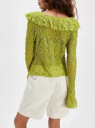 

Women's T-Shirts 2025 Autumn New Fashionable Ruffle Edge Cardigan Long Sleeved Short Knitted Top Lace V-Neck Shirt for Women