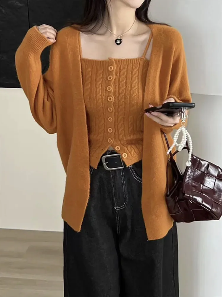

2025 Women Cardigan Sweater Two-Piece Set Loose Lazy Style Outer Jacket Inner Vest Knitted Ensemble V-neck Sleeveless Chic