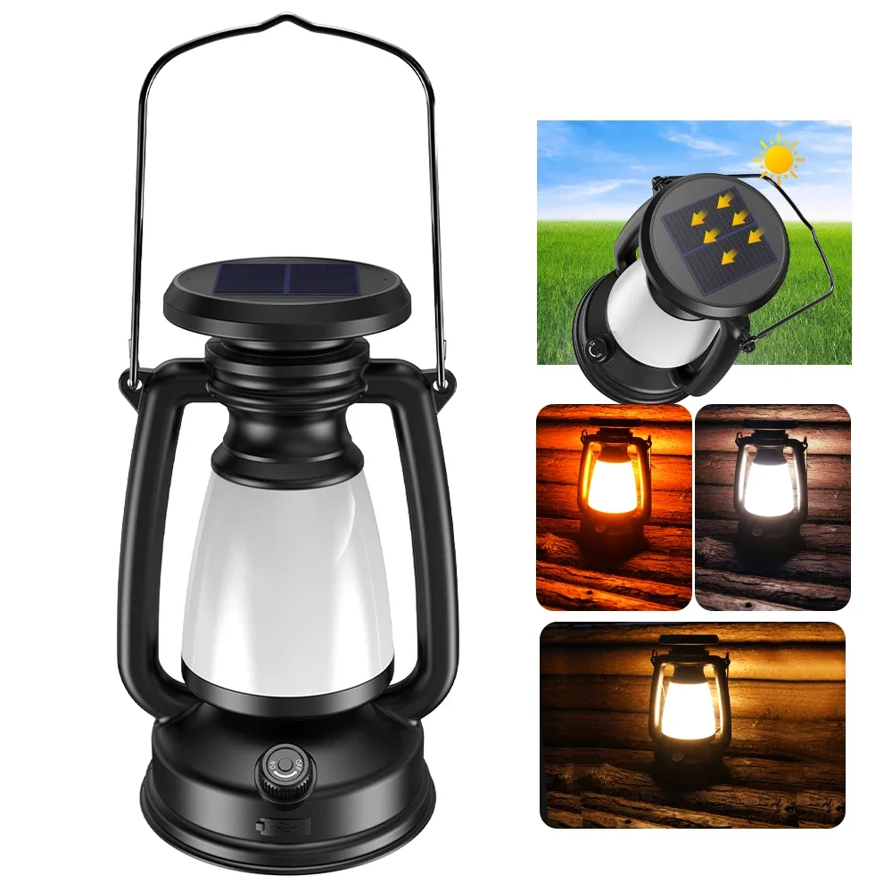 USB Rechargeable Camping Light Portable Camping Lanterns Hanging Tent Light 3000-5000K Stepless Dimming with Solar Charging