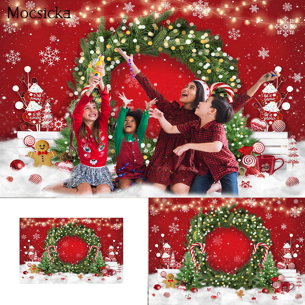 

Mocsicka Christmas Backdrop Photography Candy Canes Red Wall Photoshoot Xmas Wreath Photocall Background Kids Photo Booth Props