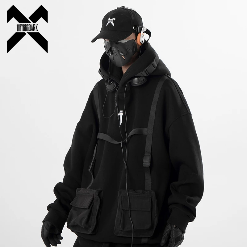 

11 BYBB'S DARK 2023 Tactical Functional Hoodie Men Fashion Ribbons Design Sweatshirt Pullover Harajuku Hip Hop Hoodies Techwear