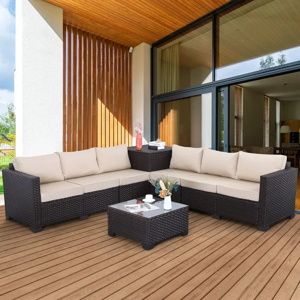 

Patio PE Wicker Furniture Set 6 Piece Outdoor Brown Rattan Sectional Loveseat Couch Conversation Sofa Chair with Storage