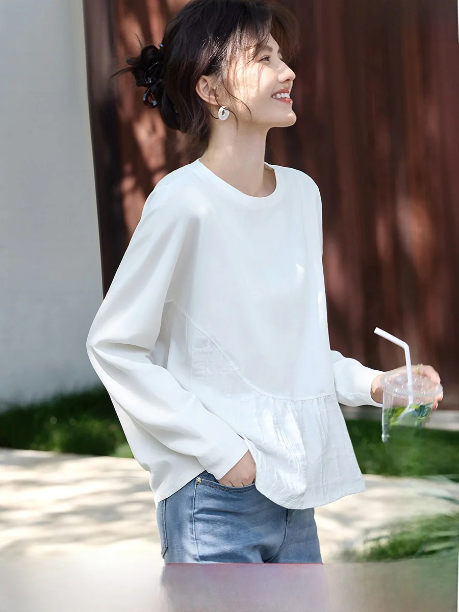 

Женская повседневная футболка XWI с длинным рукавом в корейском стиле, с лоскутным дизайном, простой и элегантный топ для осеннего сезона, хлопок, полиэстер...