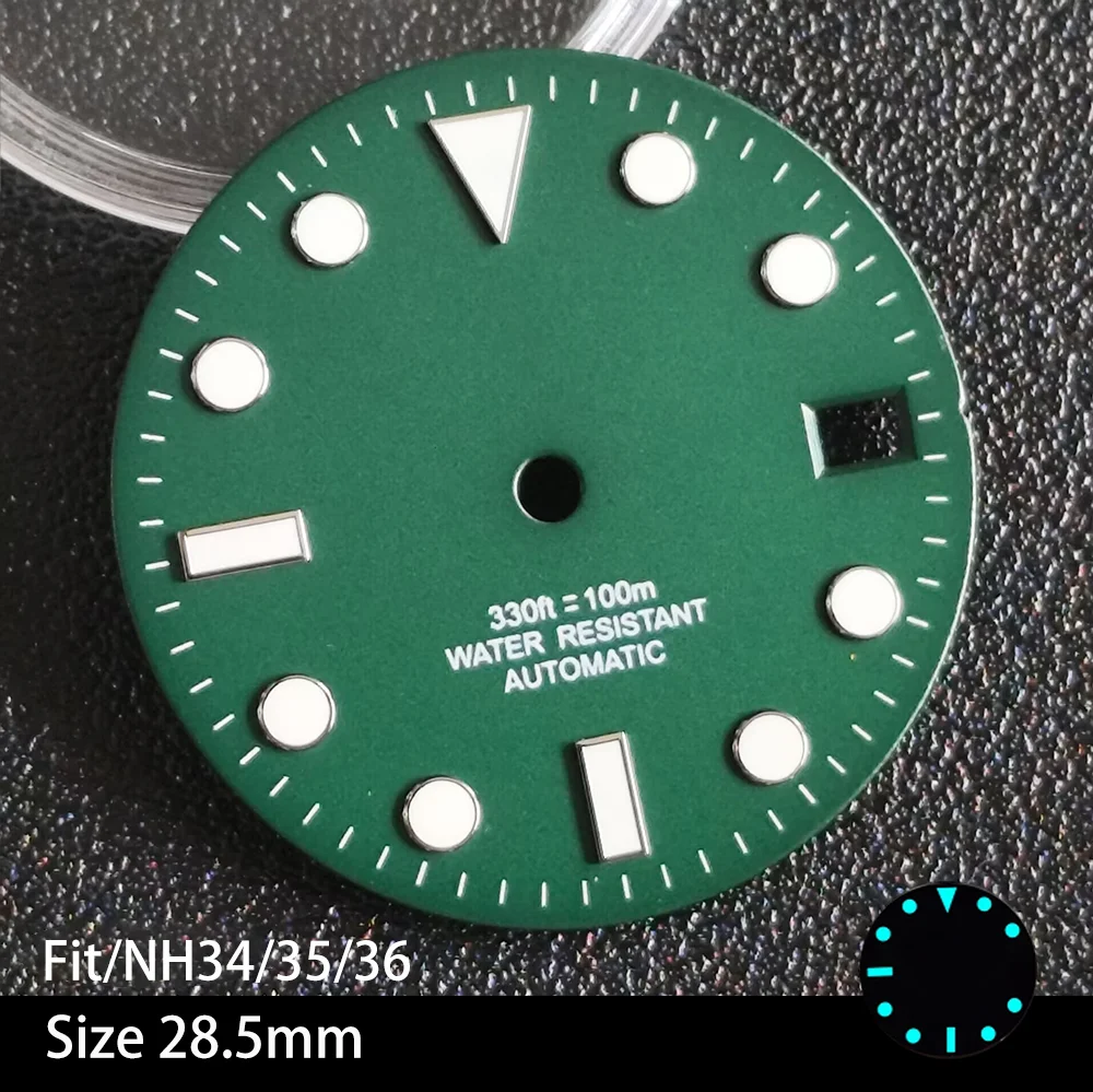 Esfera de 28,5mm adecuada para la serie NH 34/35/36, esfera luminosa para reloj, pieza de repuesto, movimiento de reloj, puntero, esfera con logotipo personalizado