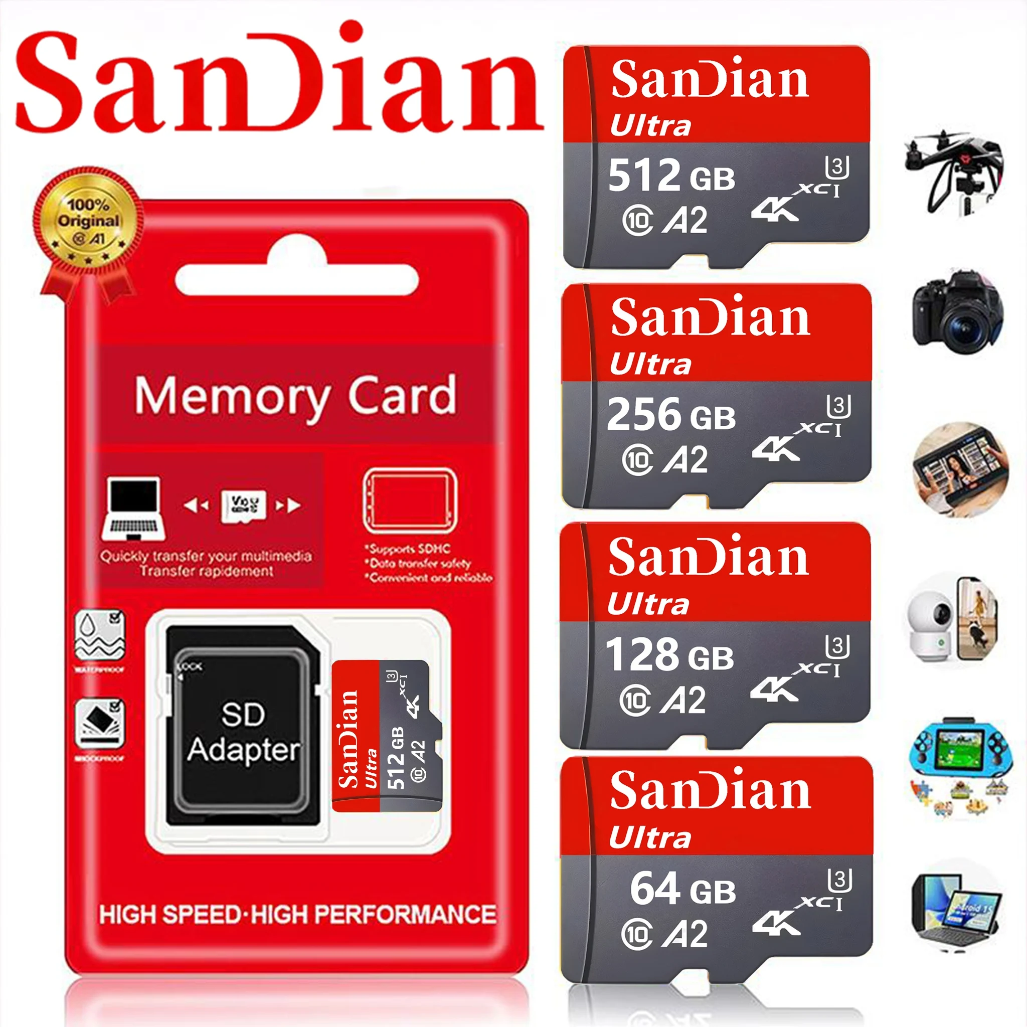 Shockproof SD Cards TF Cards Micro TF SD Card Memory Card 128GB 64GB 512GB C10 Fast Read Write Performance for PC Nintendo