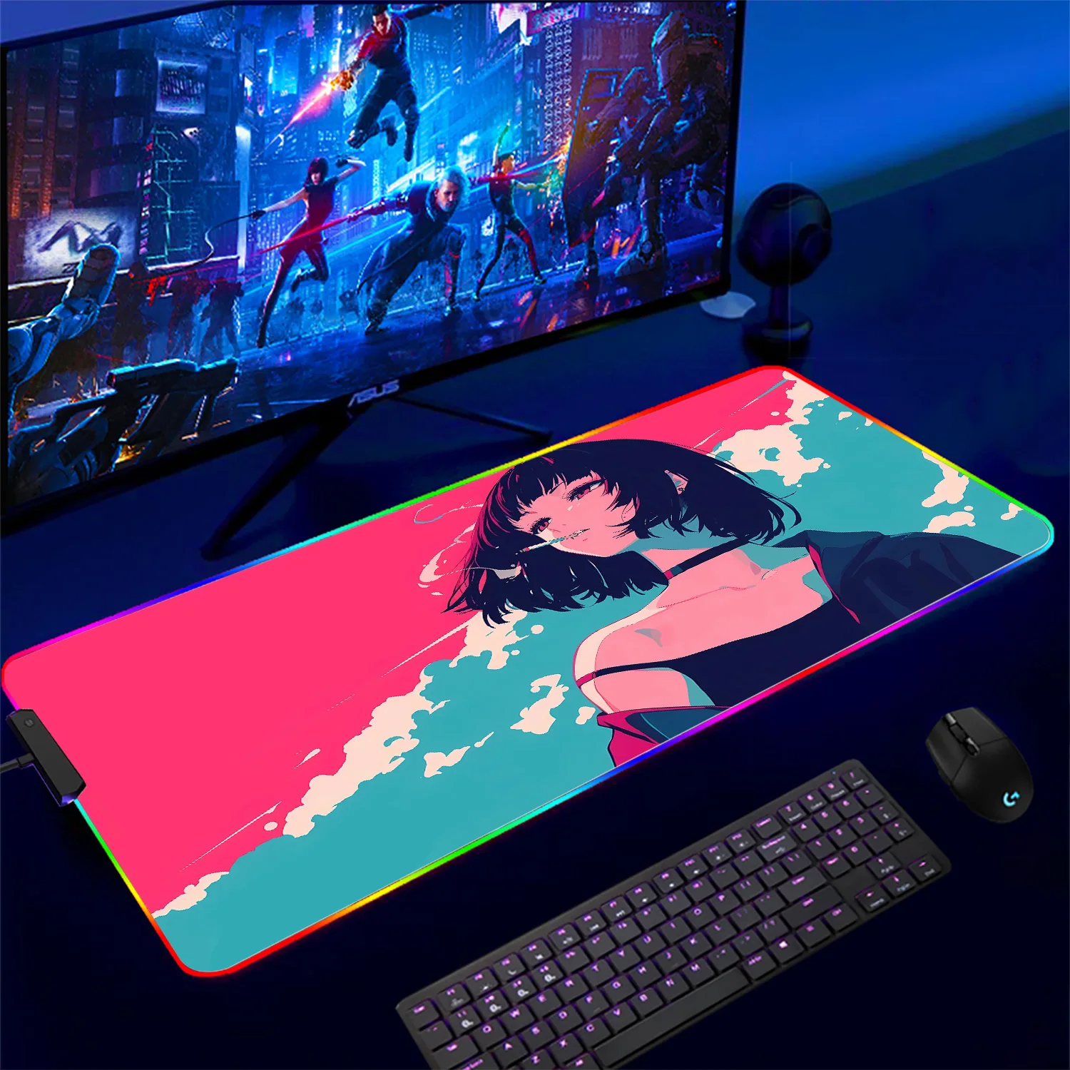 Anime Cigarette Girl RGB Pc Gamer Keyboard Mouse Pad Mousepad LED Glowing Mouse Mats Rubber Gaming Colorful Lumious Mausepad