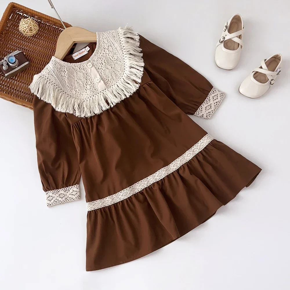 Tassel Color Blocked Long Sleeved Dress Autumn Fashion New Coffee Color Girls\' Clothing Kids Dresses for Girls 3-7 Years Old