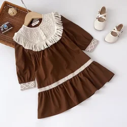 Tassel Color Blocked Long Sleeved Dress Autumn Fashion New Coffee Color Girls' Clothing Kids Dresses for Girls 3-7 Years Old