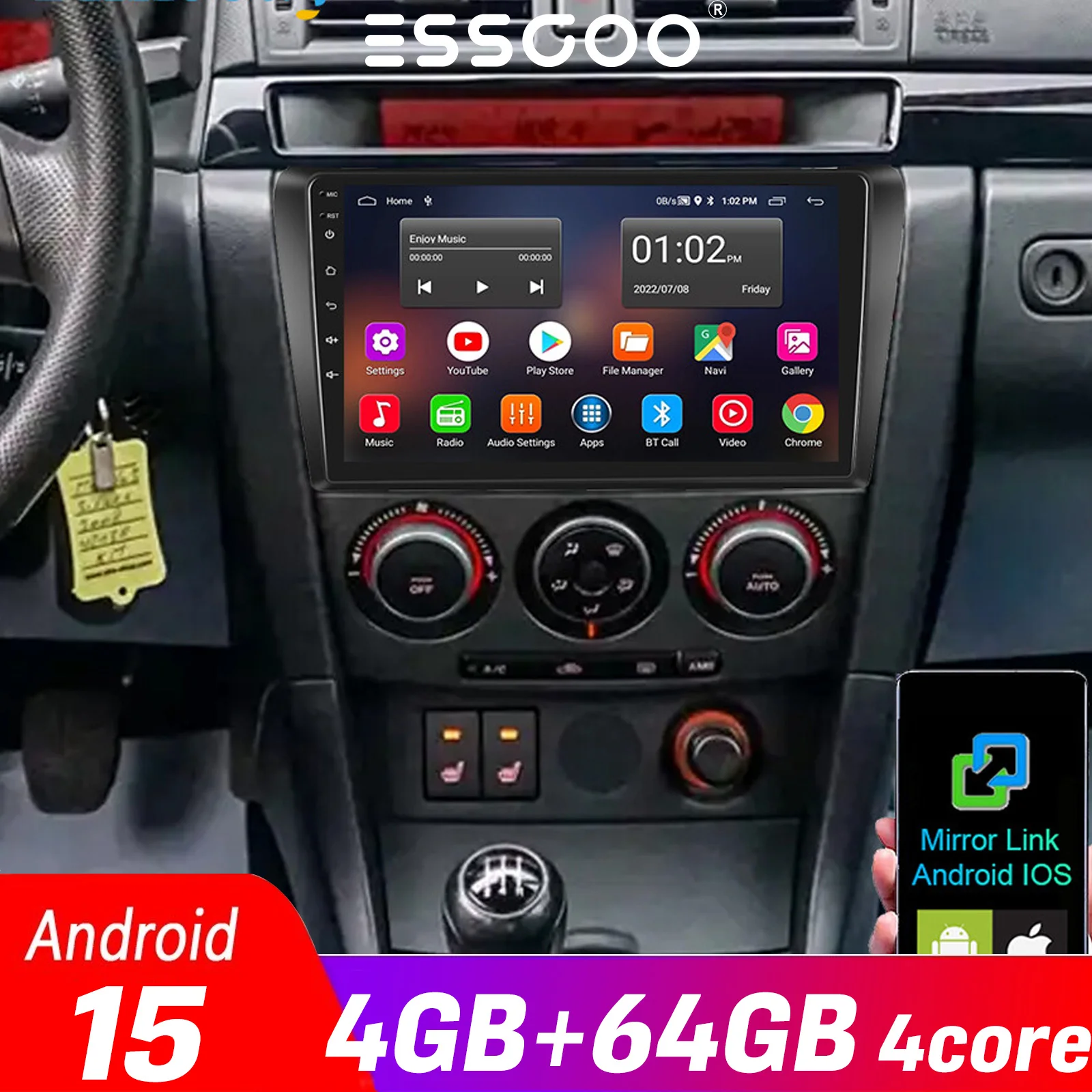 Autoradio 4GB+64GB Wireless CarPlay Apple Android Auto per MAZDA 3 2004 2005 2006 2007 2008 2009 WIFI Bluetooth Schermo Multimediale Stereo GPS, RDS, Telecamera ESSGOO