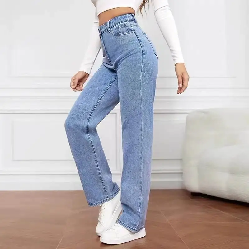 

Waed Denim High Waist Straight Leg Jeans Women's Faion Casual Wide Leg Pants Asymmetric Dstring Closure Denim Jeans
