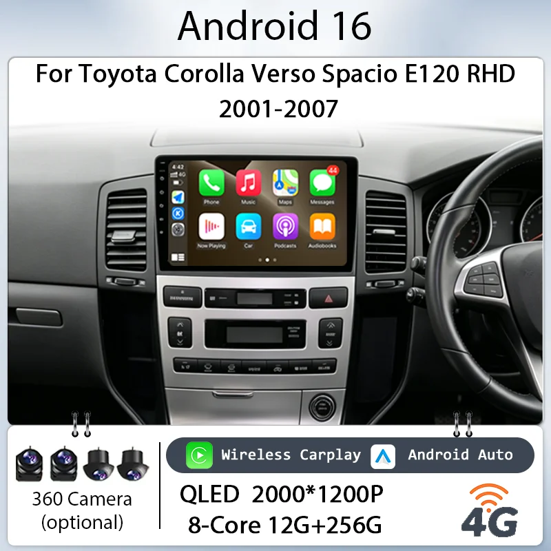 for Toyota Corolla Verso Spacio E120 RHD 2001-2007 Car Stereo 9"Android 16 IPS HD Touch Screen Wireless CarPlay GPS Navi BT 4G