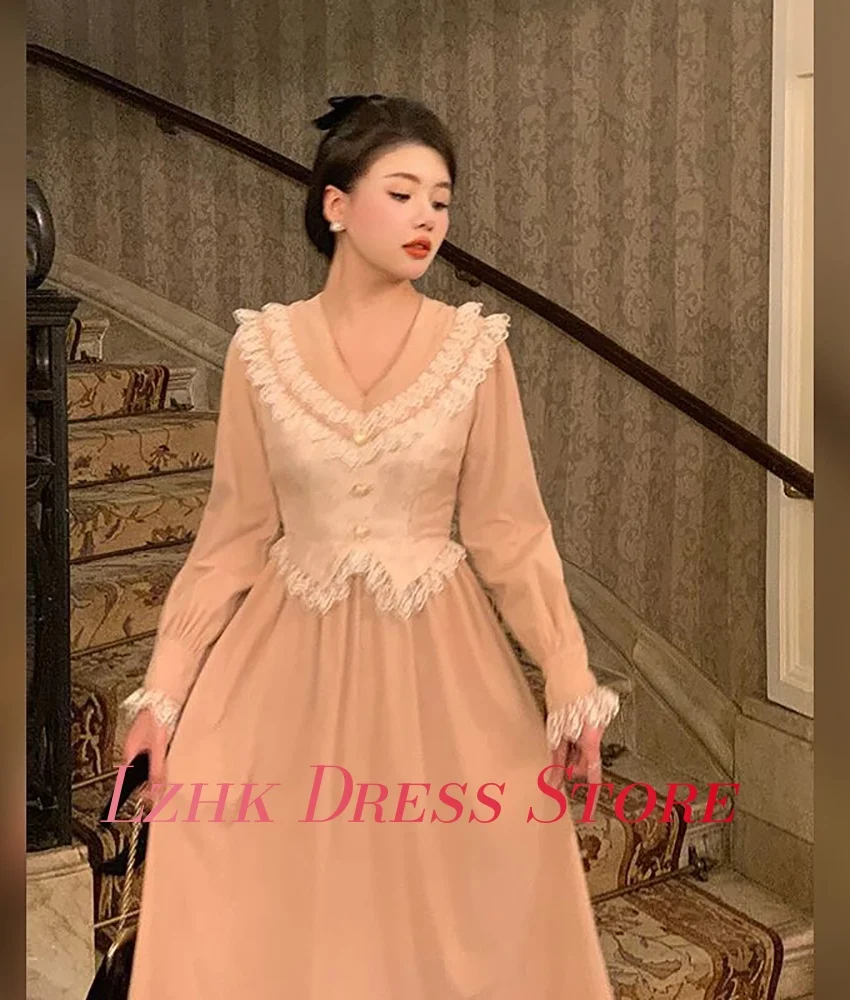 Personalizado gracioso jérsei a linha botões de renda vestido de noite temperamento mangas compridas com decote em v chá comprimento sob medida vestidos de ocasião