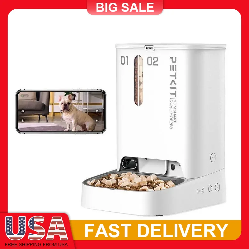 

Smart Automatic Cat Dog Feeder with 1080p Camera Audio Dual Hopper AI Detection Night Vision App Control 5L Capacity for Pets
