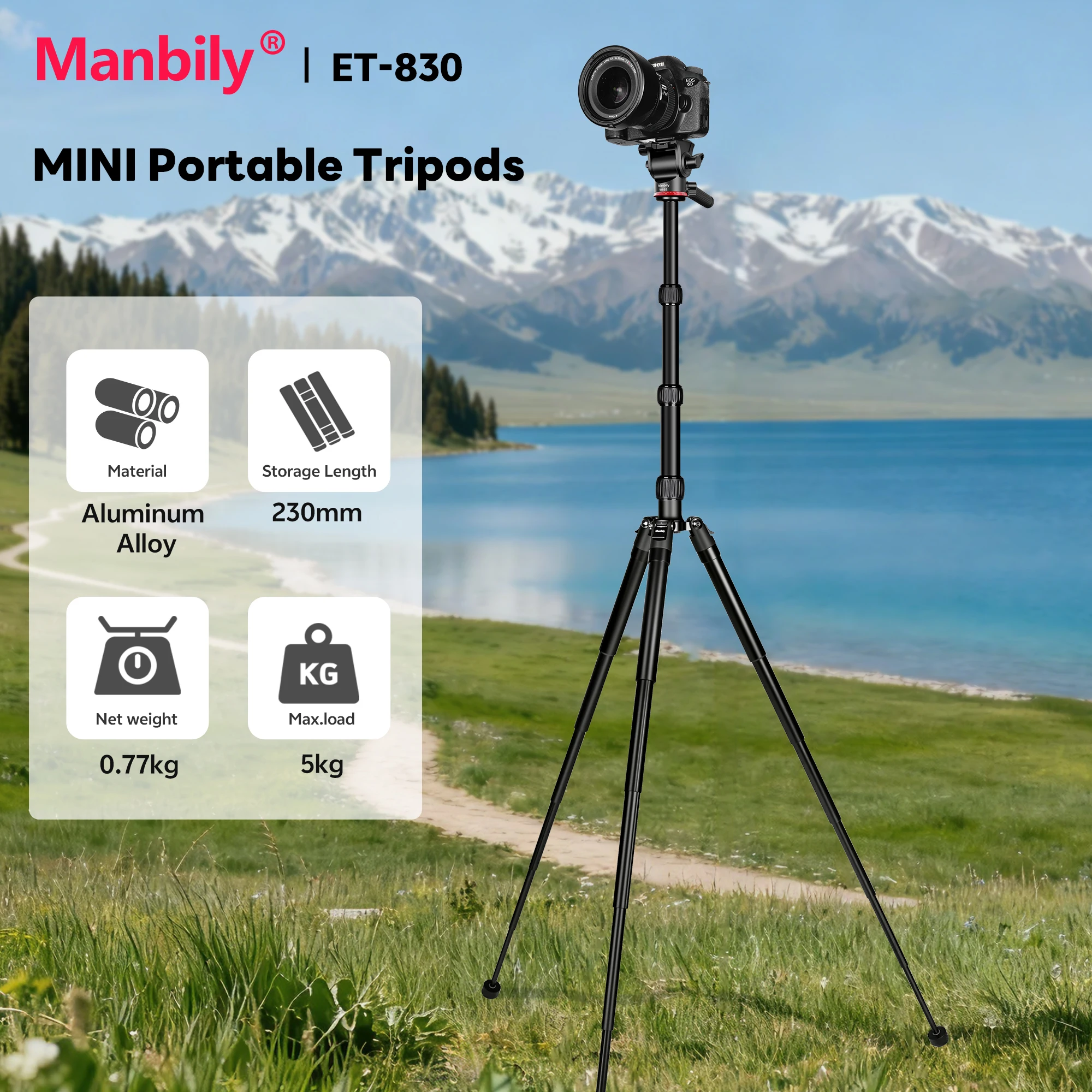 

Manbily ET-830 Мини-штатив для камеры из алюминиевого сплава Профессиональная портативная подставка для фотографий Макс. Нагрузка 5 кг