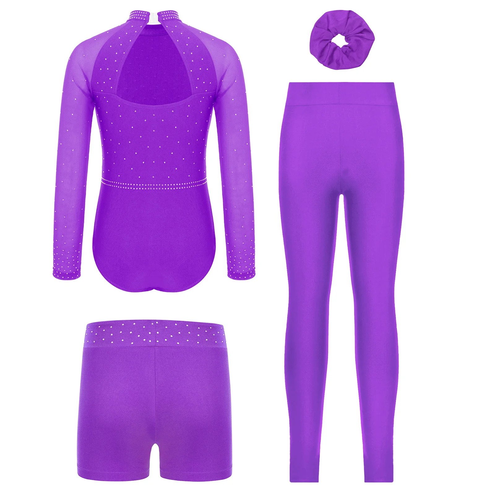 Fantasia de ginástica para meninas, 4 unidades, malha transparente, mangas compridas, collant + shorts + leggings + faixa de cabelo, roupa de dança para patinação artística