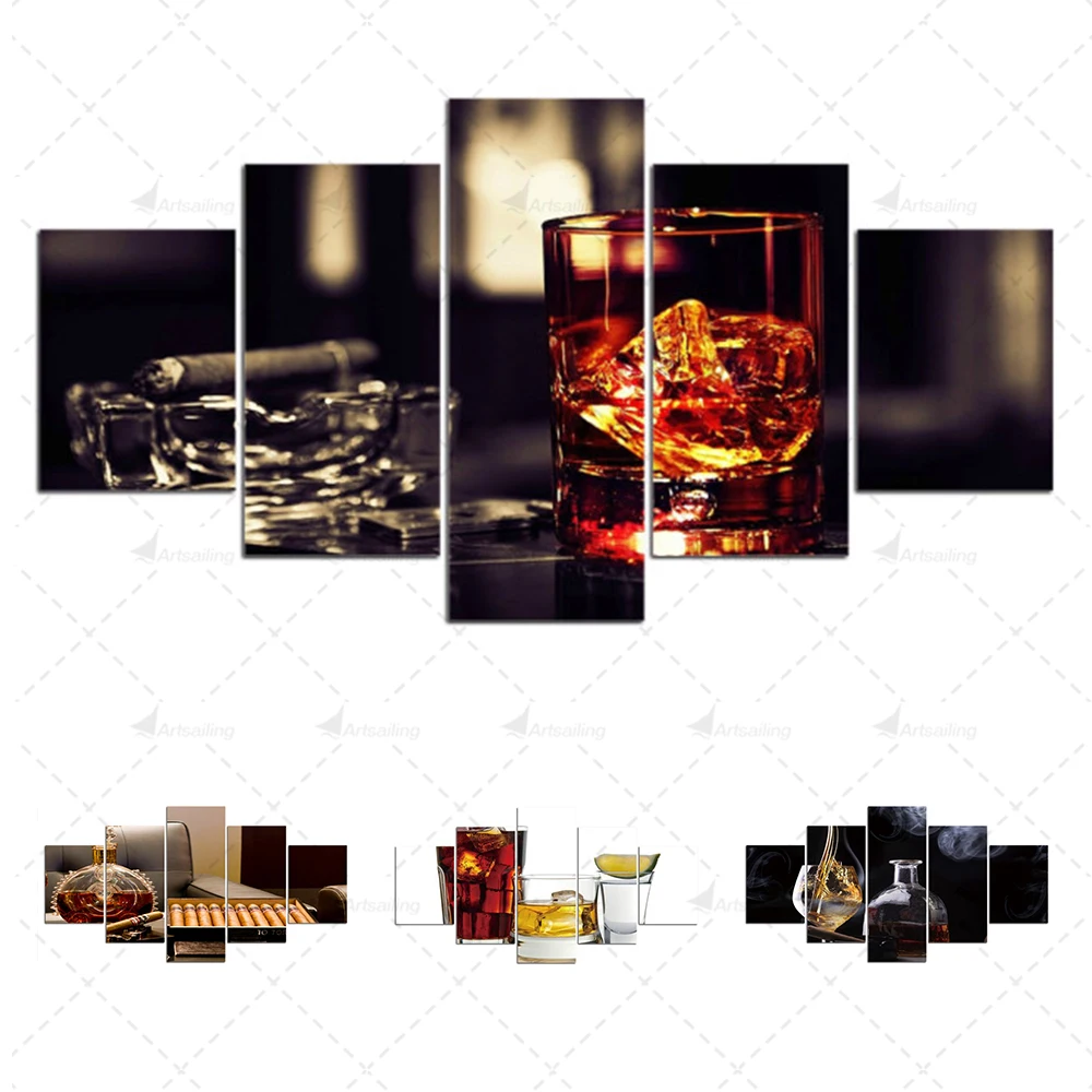 5 Pieces Whisky Cigar Glasses Poster Wall Art Canvas Restaurant Decoration Paintings  Picture For Kitchen Decoration