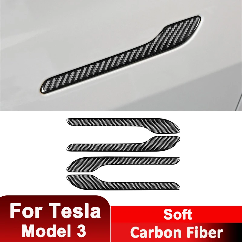 

For Tesla Model 3 Carbon Fiber 4PCS Car Door Outer Handle Trim Strips Kit Decorative Sticker Auto Exterior Accessories