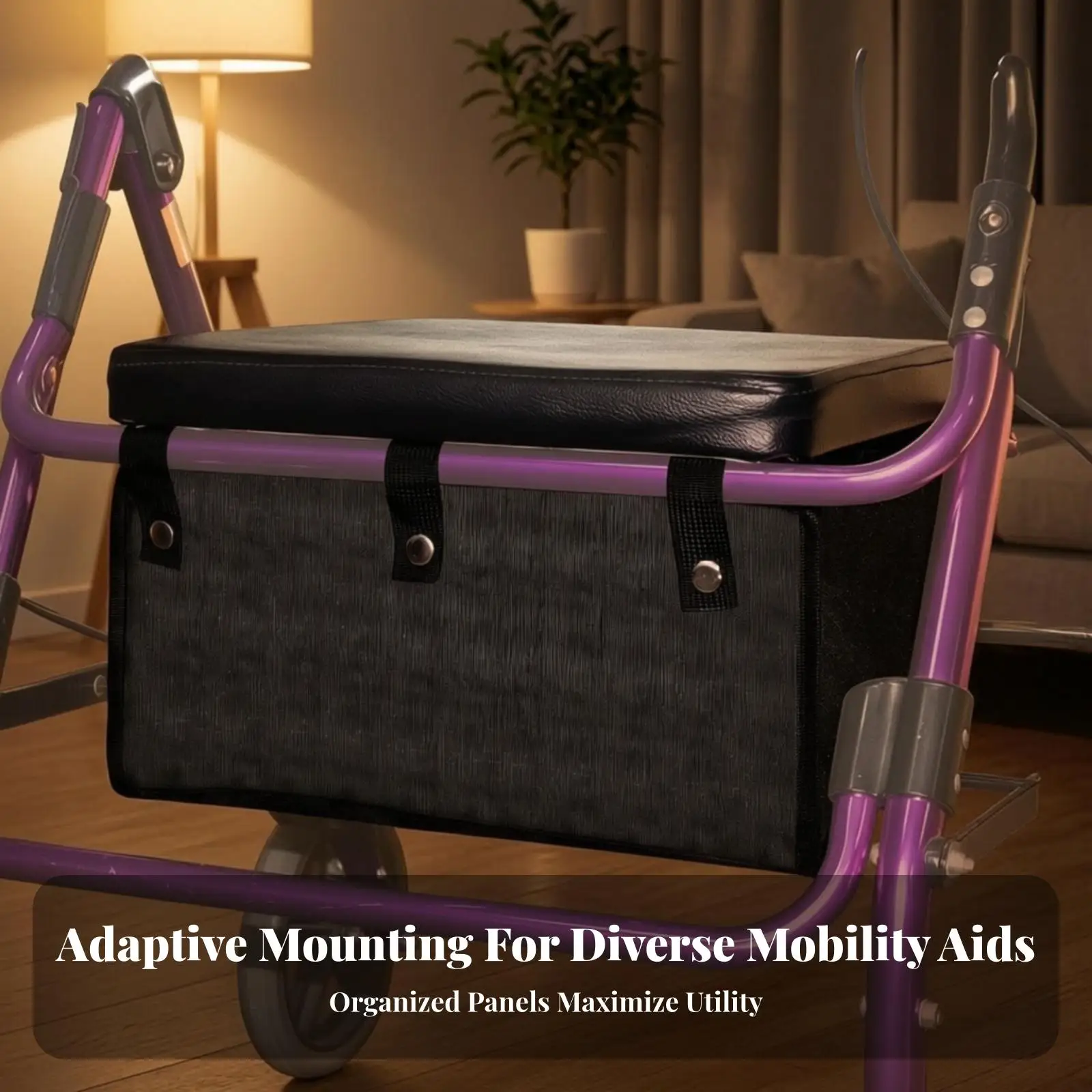 Mobility Aid Walker Pouch Under Seat Storage Organizer Oxford Cloth Bag with Hanging Straps for Rollator Frame