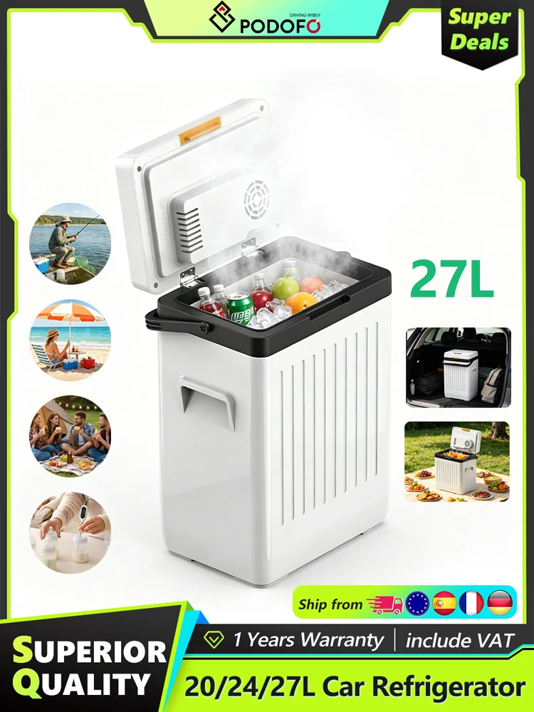 Podofo 20/24/27L 12 Volt Koelkast Mini Draagbare Vriezer Autokoelkast Koelkast Draagbare Vriezer 12/24V DC 100-240V AC Voor Buiten & Thuis