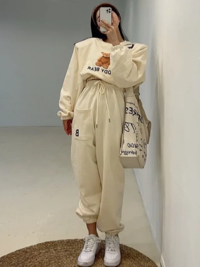 

Faionable Spor Casual Set Women's Spring Anti-Aging Cartoon Print Hoodie Elastic Waist Trousers Two-Piece Set