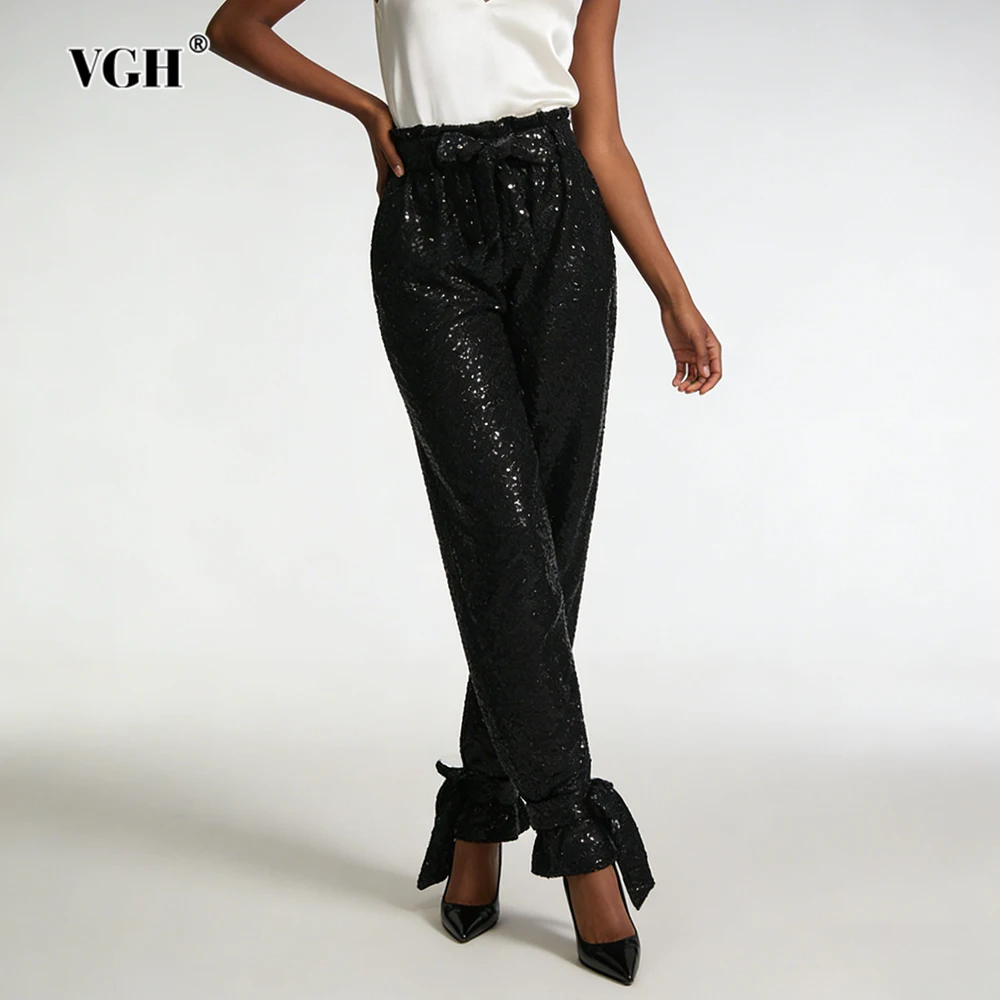 VGH Solid Design Sense Slimming Pants For Women High Waist Autumn Temperament Trend Sequin Party Trousers Female Fashion Style