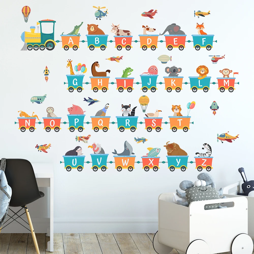 1 Set Cartoon Animals Train Alphabet Kids Wall Stickers for Child Bedroom Decor Nursery Early Education Removable Letter Decals