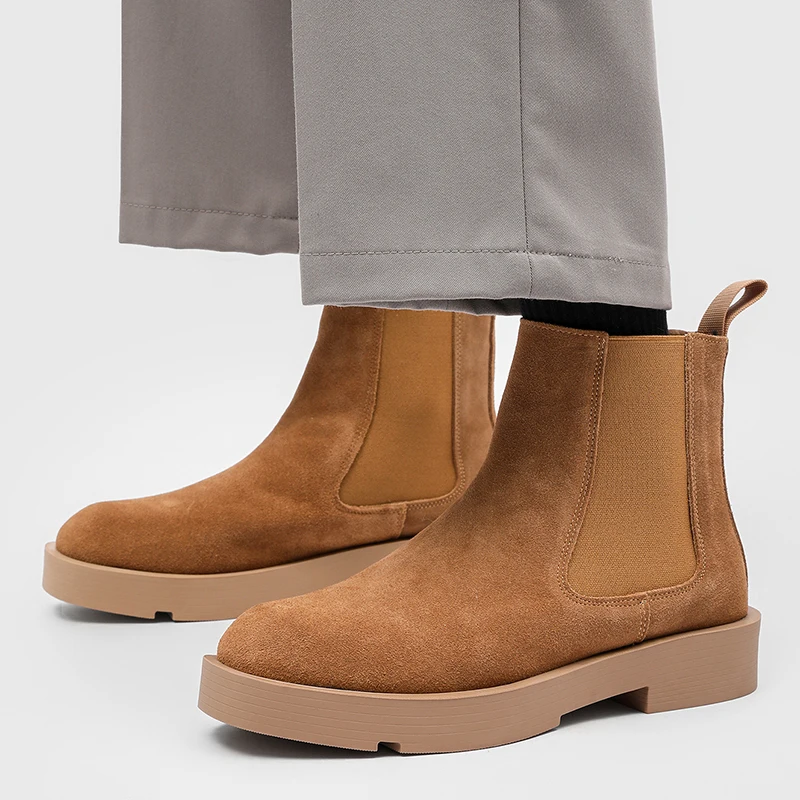 شتاء جديد البقرة المدبوغ تشيلسي الأحذية الرجعية عالية أعلى رجال الأعمال التنقل الأحذية الفاخرة العلامة التجارية سميكة سوليد الراحة المشي الأحذية