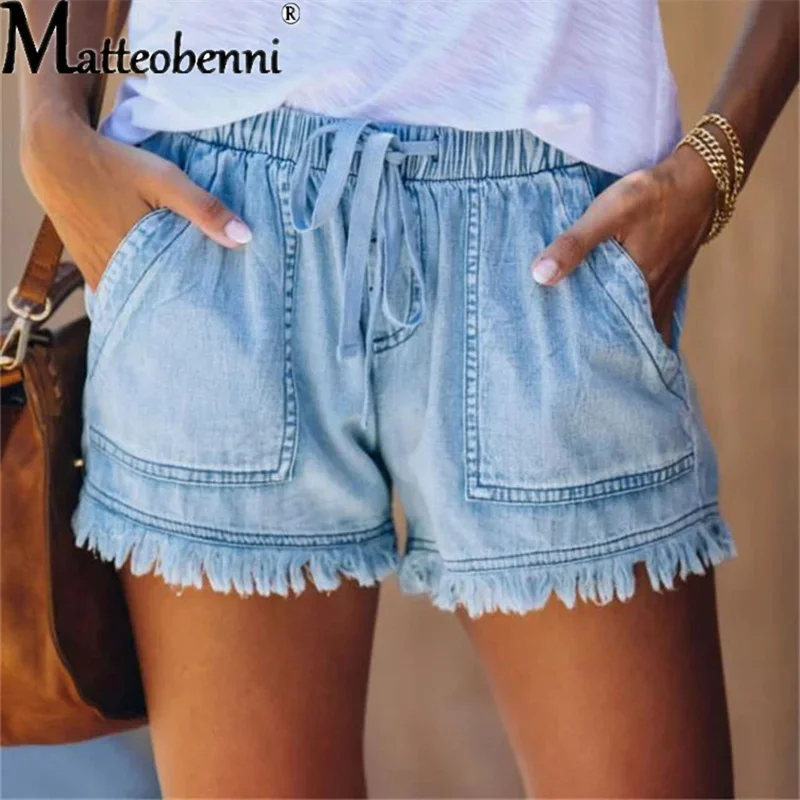 Solid Color High Waisted Lace Up Straight Jean Shorts Women 2022 Summer Casual Streetwear Ladies Pocket tassel Hem Denim Shorts