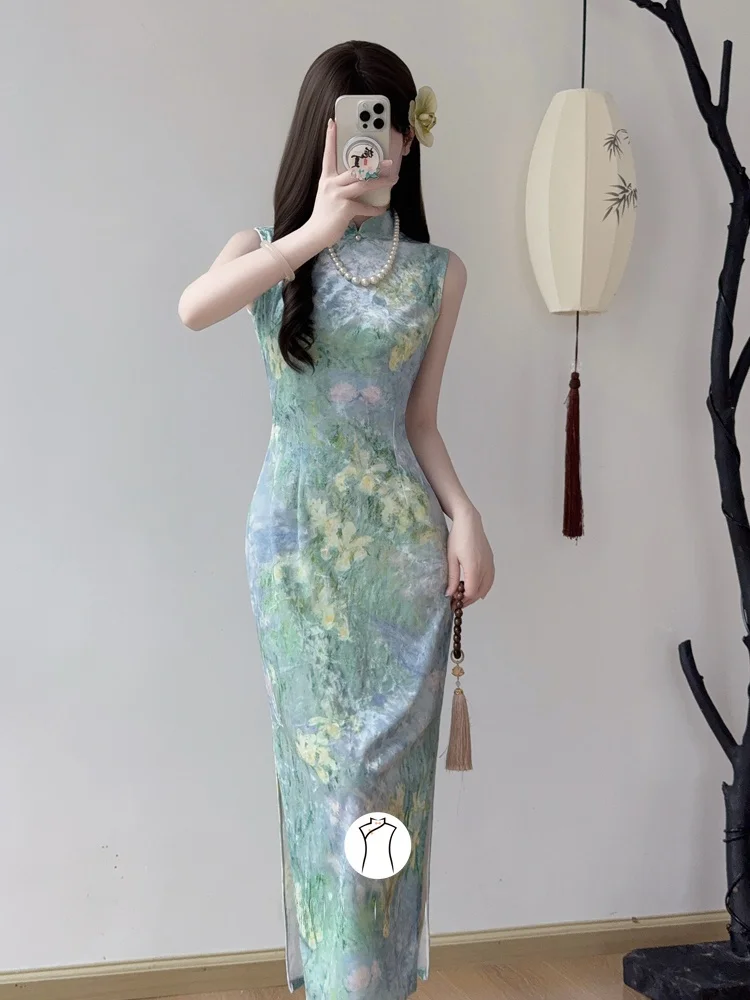 

Monet Garden Oil Painting Long Sleeveless Dress Elegant Chinese Style National Trend White Enhancing Gentle Girl Dress