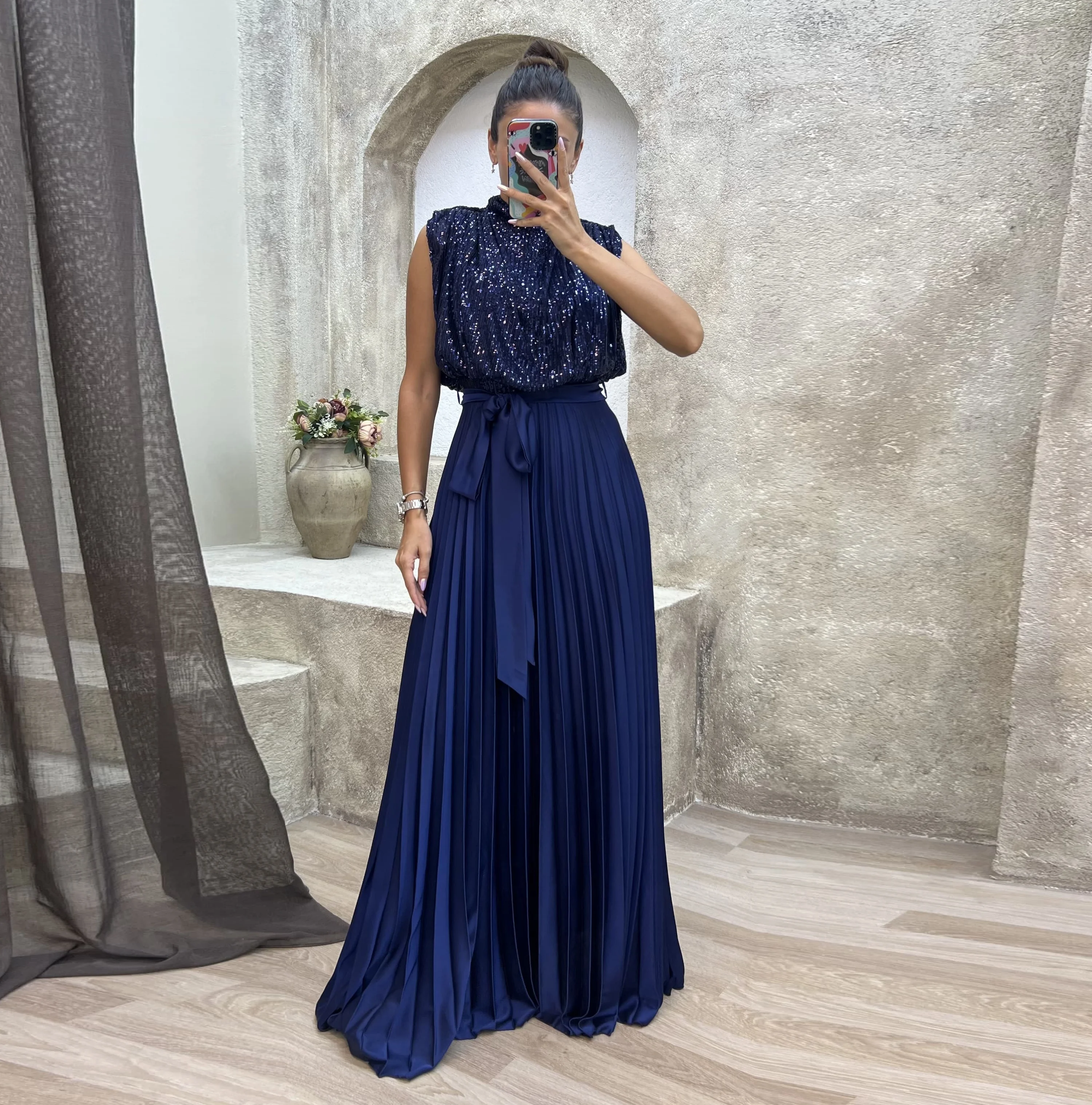 

ROSELLA Prom Dress High Neckline Evening Gowns Sequins Formal Occasion A Line Pleated فساتين Robes De Bal Vestidos