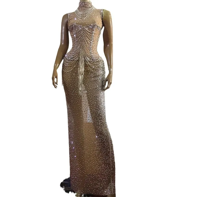 Popular Perspective Rhinestone Elastic Tight Sleeveless Long Party Dress With Luxury Diamond Chain For Ball Hosting Party Dress